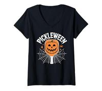 Womens Pickleween Pickleball Paddle Funny Halloween Spider Pumpkin V-Neck T-Shirt