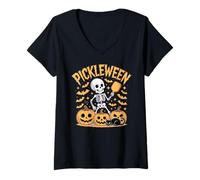 Womens Pickleween Pickleball Player Funny Halloween Skeleton V-Neck T-Shirt