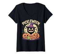 Womens Pickleween Pickleball Player Funny Pickleball Halloween V-Neck T-Shirt