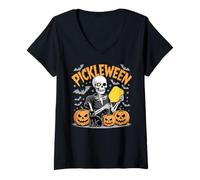 Womens Pickleween Pickleball Player Funny Skeleton Halloween V-Neck T-Shirt