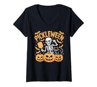 Womens Pickleween Skeleton Cat Pumpkin Funny Halloween Pickleball V-Neck T-Shirt
