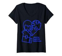 Women's Piecing Together Happiness Puzzle Heart Design V-Neck T-Shirt
