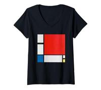 Women's Piet Mondrian Composition with Red, Blue and Yellow V-Neck T-Shirt