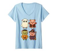 Womens Pig Spooky Witch Boo Zombie Cute Pig Halloween Ghost Costume V-Neck T-Shirt