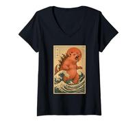 Womens Pig The Great Wave off Kanagawa V-Neck T-Shirt