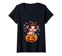 Womens Pig Wearing Knitted Hat Halloween Carved Pumpkins Farmer V-Neck T-Shirt