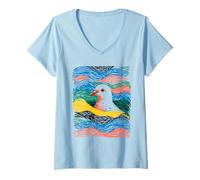 Women's Pigeon Swimming Ocean Minimalist Animal Line Art Summer V-Neck T-Shirt