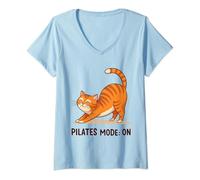 Womens Pilates Mode: Funny Stretching Cat V-Neck T-Shirt