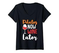 Womens Pilates Now Wine Later Funny Pilates V-Neck T-Shirt