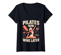 Womens Pilates Now Wine Later Yoga Workout Fun V-Neck T-Shirt