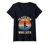 Womens Pilates Now Wine Later Yoga Workout Fun V-Neck T-Shirt