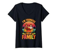 Women's Pilgrim Turkey Im Thankful for My Family Cute Thanksgiving V-Neck T-Shirt