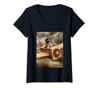 Women's Pilot Cat Flying Toast Plane in Dreamy Sky Art V-Neck T-Shirt