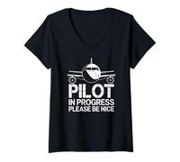 Womens Pilot in Progress Please Be Nice Funny Aviation V-Neck T-Shirt
