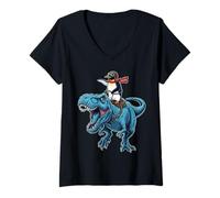 Womens Pilot Penguin Riding Blue Dinosaur Funny Present Idea V-Neck T-Shirt