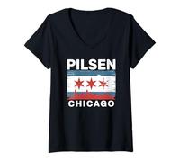 Womens Pilsen Chicago Neighborhood Pride Flag City Skyline Illinois V-Neck T-Shirt