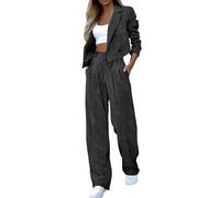 Womens Pin Stripe Blazer Suit Lightweight Color Block Lapel Set Business Office Casual Sets Short Blazer And Straight Wide Leg Trousers Suits Slim Fit Aesthetic Clothing Streetwear For Summer Daily