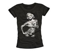 Women's Pin-Up Tattoo T-Shirt - Rockabilly Style Top for Cool Girls, Vintage Rock Outfit with Graphic Print, Retro Streetwear Tee Marilyns Ink S Black
