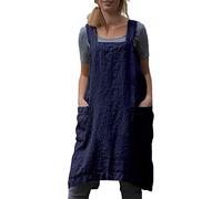 Women's Pinafore Apron Cross Back Apron with Pockets Cotton Linen Apron Dress Plus Size - blue - Medium