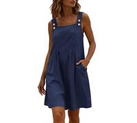 Women's Pinafore Dress Square Neck Cotton Linen Dresses Above The Knee with Pockets Sleeveless Solid A-Line Dungarees Casual Linen Blend Vintage Patchwork Dresses for Daily Casual Wear Navy