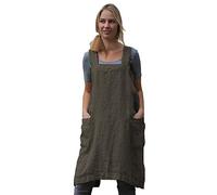 Women's Pinafore Square Apron Baking Cooking Gardening Works Cross Back Cotton/Linen Blend Dress with 2 Pockets