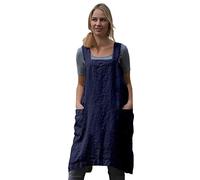 Women's Pinafore Square Apron Baking Cooking Gardening Works Cross Back Cotton/Linen Blend Dress with 2 Pockets