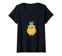 Women's Pineapple Owl Cute Tropical Bird Pun Art Sweet Island Fruit V-Neck T-Shirt