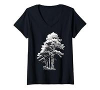 Womens Pines Tree Drawing Motif Portrait Illustration Graphic V-Neck T-Shirt