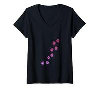 Women's Pink Animal Paw Print Pattern Cute Cats Pets Kitten Paws V-Neck T-Shirt