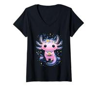 Women's Pink Axolotl Flower Crown Cup Botanical V-Neck T-Shirt