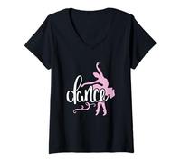 Womens Pink Ballet Dancer with Script Dance Lettering Design V-Neck T-Shirt