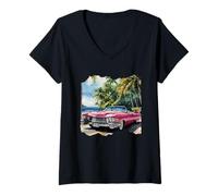 Women's Pink Cadillac Lookin Vintage Vehicle | Watercolor V-Neck T-Shirt