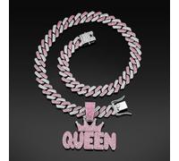 Women's pink diamond crown QUEEN letter pendant diamond Cuban necklace long hip-hop female jewelry