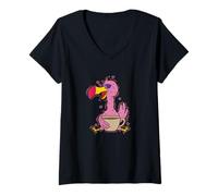 Womens Pink Dodo Bird Loves Coffee V-Neck T-Shirt