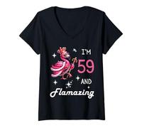 Womens Pink Flamingo Amazing 59th Birthday 59 Year Old Flamazing V-Neck T-Shirt