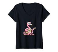 Womens Pink Flamingo Playing Acoustic Guitar Tropical Music V-Neck T-Shirt