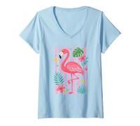 Women's Pink Flamingo Tropical Summer Floral Stripe Beach Design V-Neck T-Shirt