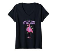 Women's Pink Flamingo Woke up Sexy as Hell Again Funny V-Neck T-Shirt