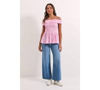 Womens Pink Floral Shirred Bodice Bardot Peplum Top Pink 14