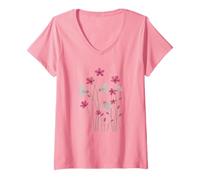Women's Pink Flowers Wildflower Watercolor Pattern Pink V-Neck T-Shirt