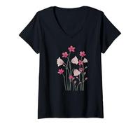 Women's Pink Flowers Wildflower Watercolor Pattern V-Neck T-Shirt