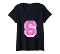 Womens Pink Letter S Monogram Initial for First Name Last Name S V-Neck T-Shirt