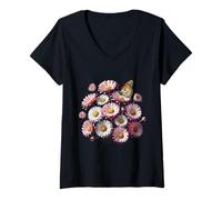 Womens Pink Marguerite Daisy Flowers Monarch Butterfly Shapes Mania V-Neck T-Shirt