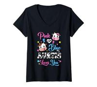 Womens Pink Or Blue Auntie Loves You Cow Baby Gender Reveal V-Neck T-Shirt