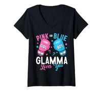 Womens Pink or Blue Glamma Loves You Boxing Gender Reveal Boxer V-Neck T-Shirt