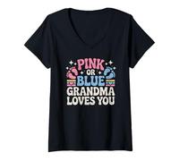 Womens Pink or Blue Grandma Loves You Baby Announcement V-Neck T-Shirt