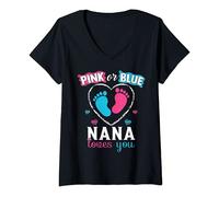 Womens Pink or Blue Nana Loves You Baby Gender Reveal Nana V-Neck T-Shirt