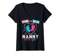 Womens Pink or Blue Nanny Loves You Baby Gender Reveal Nanny V-Neck T-Shirt