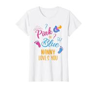 Womens Pink Or Blue Nanny Loves You Baby Gender Reveal T-Shirt