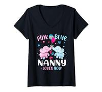 Womens Pink or Blue Nanny Loves You Gender Reveal Elephant V-Neck T-Shirt